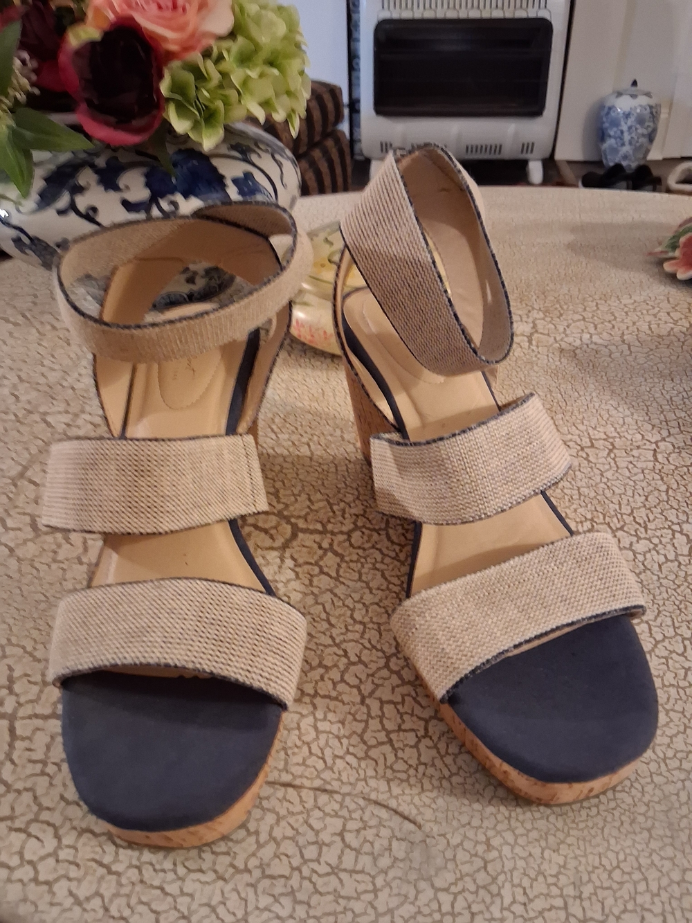 Neutral Beige and Navy Wedge Sandals with Ankle Strap